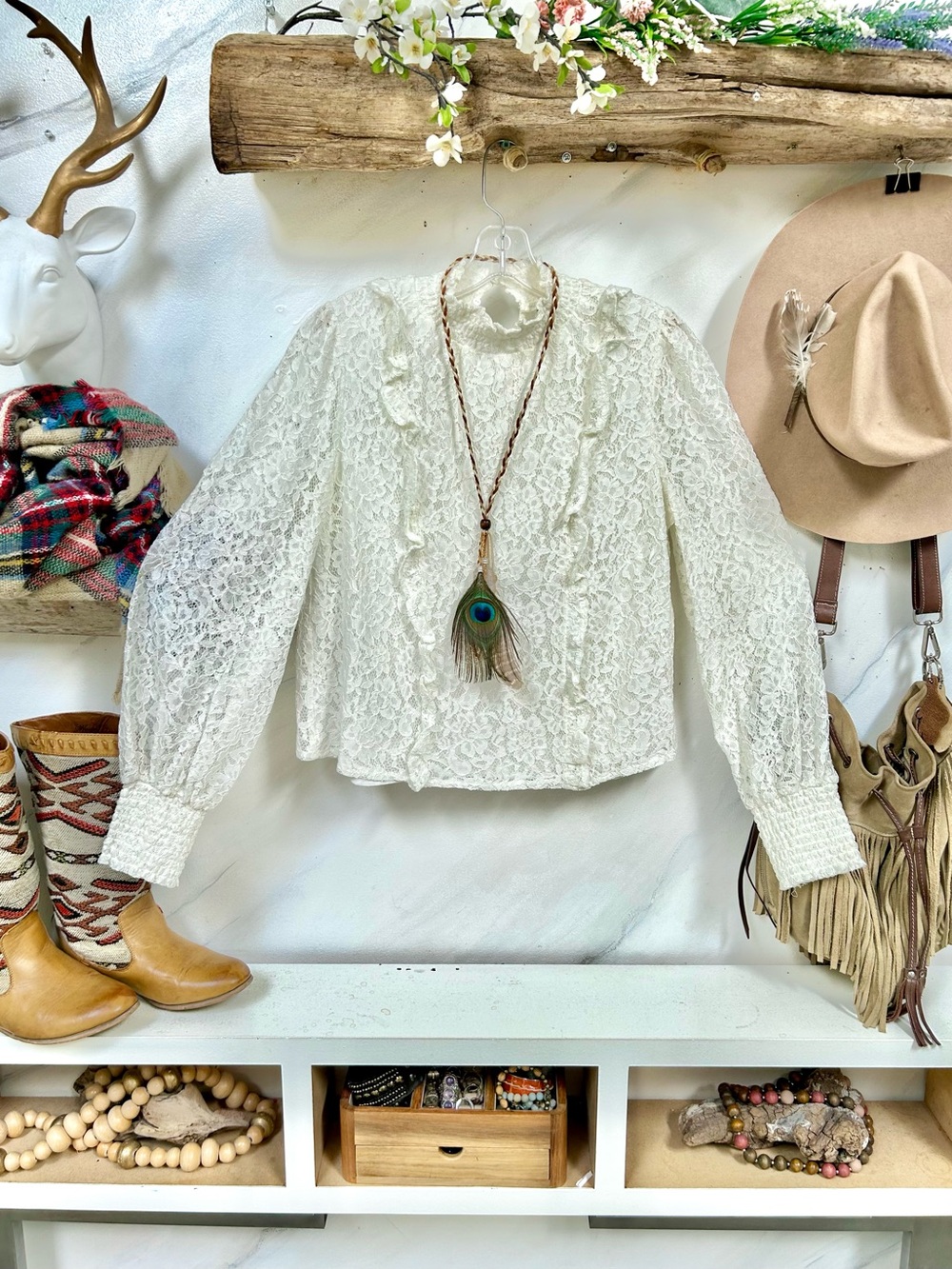 Peasant Romantic ruffle boho Blouse w prairie shabby chic country vibe